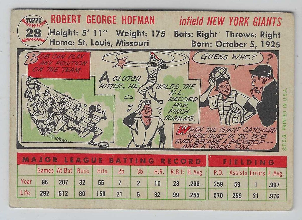 1956 Topps Bobby Hofman #28 New York Giants - NM